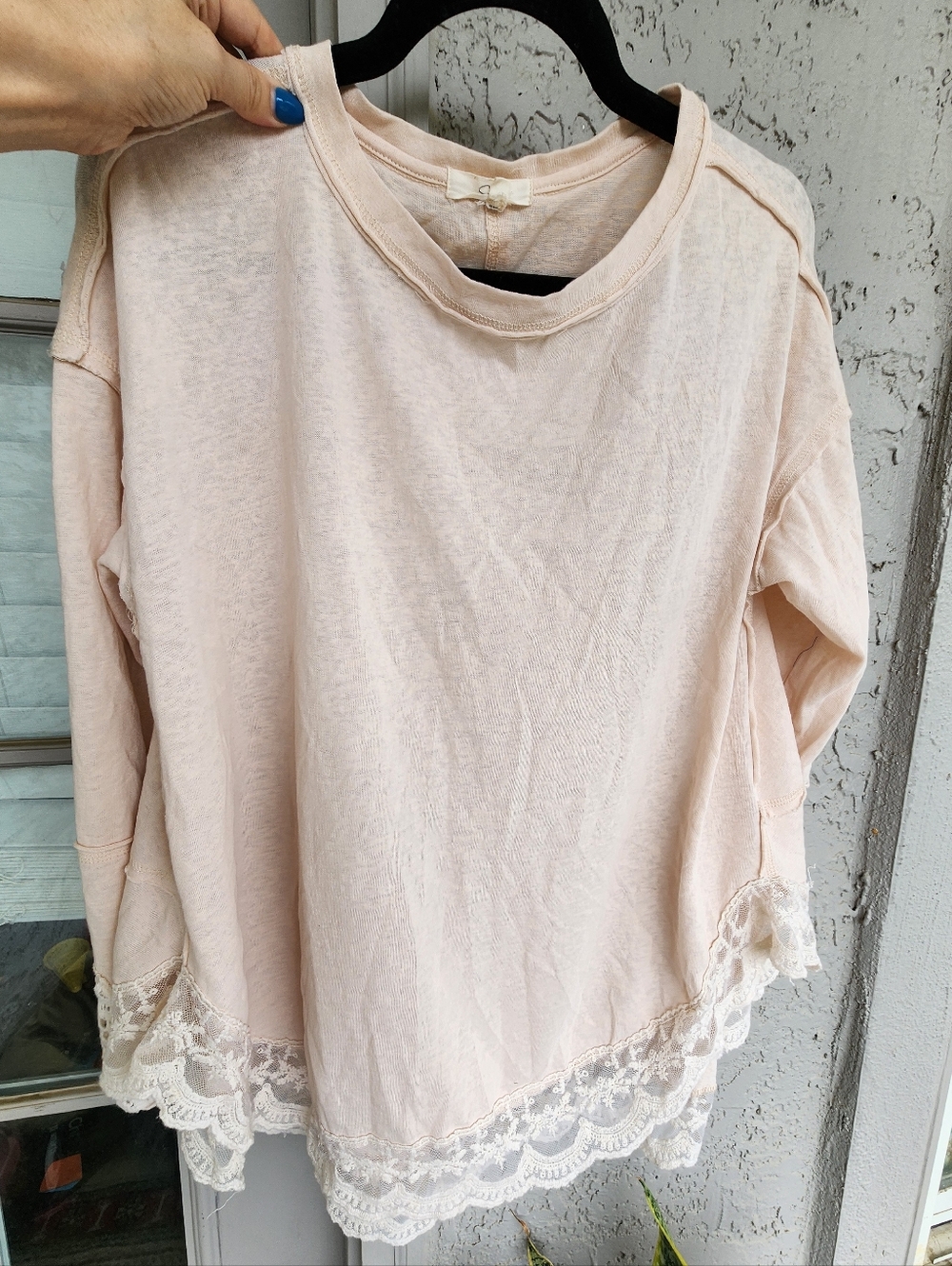 Easel Women's Lace-Hem Long Sleeve Cotton Top - Blush Pink Top S